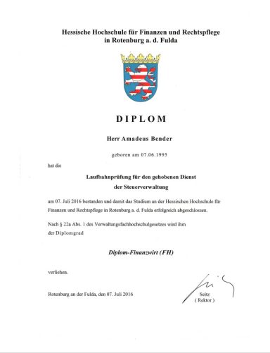 Urkunde Diplom-Finanzwirt (FH)